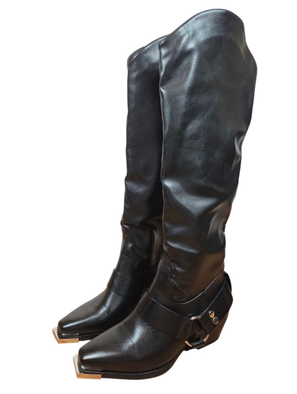 New Azalea Wang Moto O-Ring Knee High Boots Black Biker Sz 7.5 Faux Leather Boho